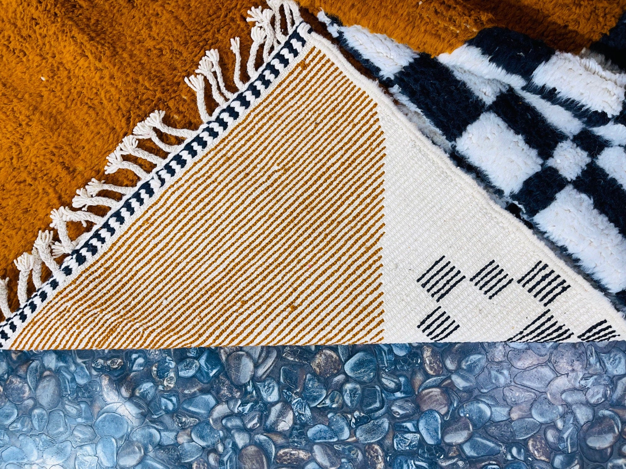 textured rugs with contrasting colors and designs